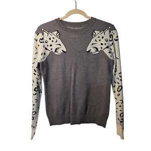 Leopard Graphic Womens Grey Sweater Animal Long Sleeve Crewneck Knit Top Casual